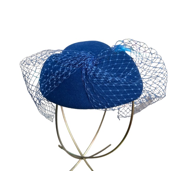 VTG Karen Lynn deep blue pillbox cap hat face mesh wool doeskin felt cosplay - Picture 2 of 5